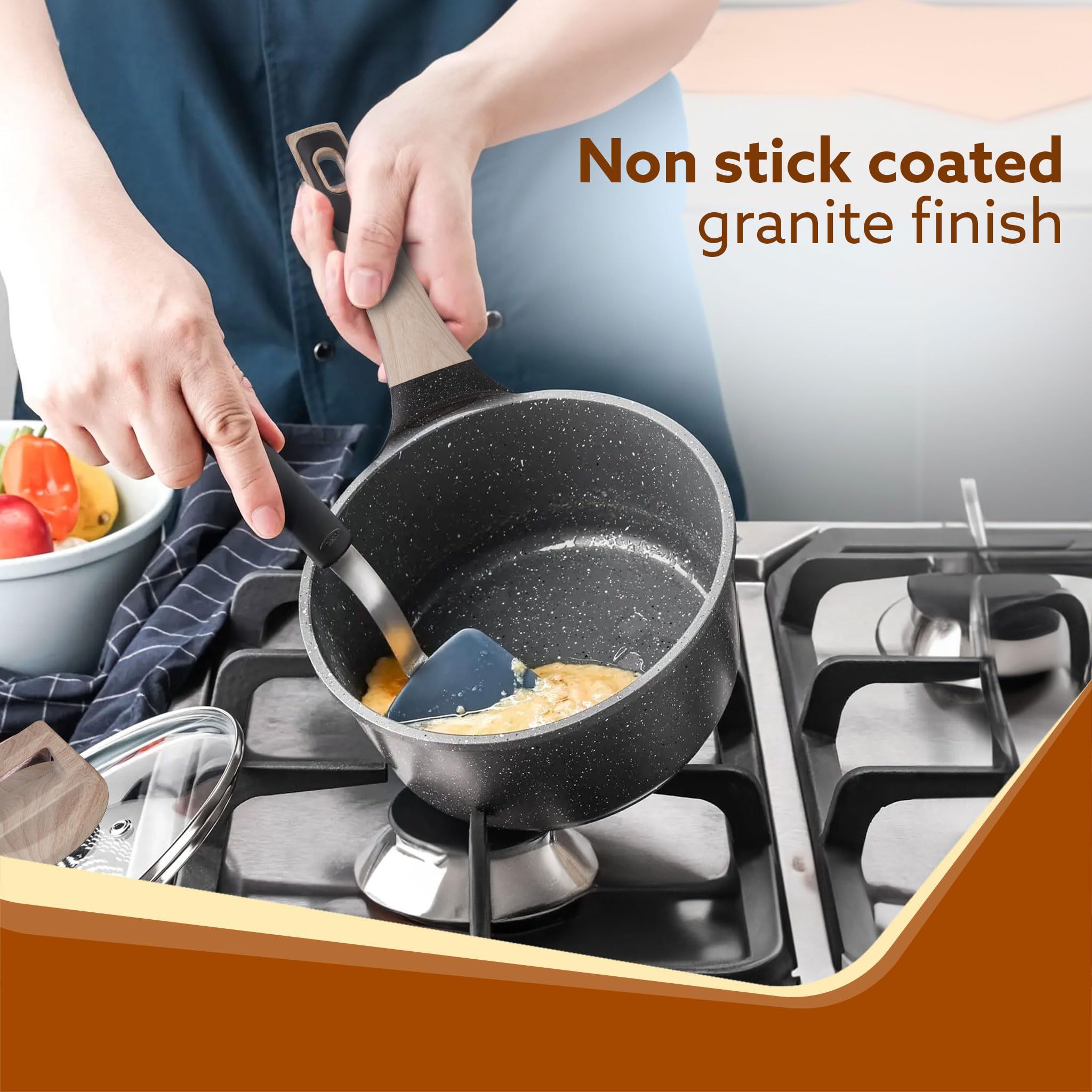 AGARO Imperial Granite Non Stick Cookware Set, 4pcs Cookware Set, 24cm Fry Pan & Casserole with Lid, 16cm Sauce pan with Lid, 28